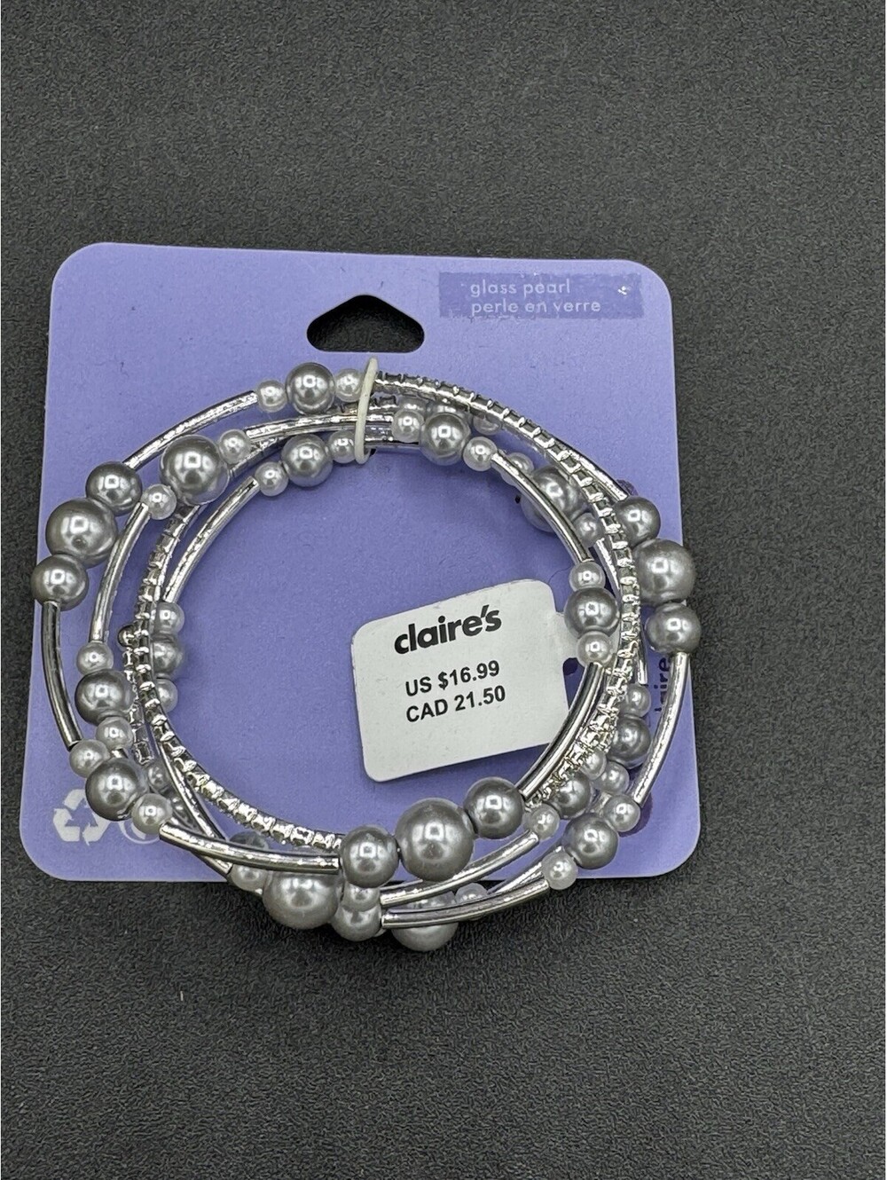 Claire’s 5 Pc Silver Glass Pearl Stretch Bracelet Set Rhinestone Stackable NWT